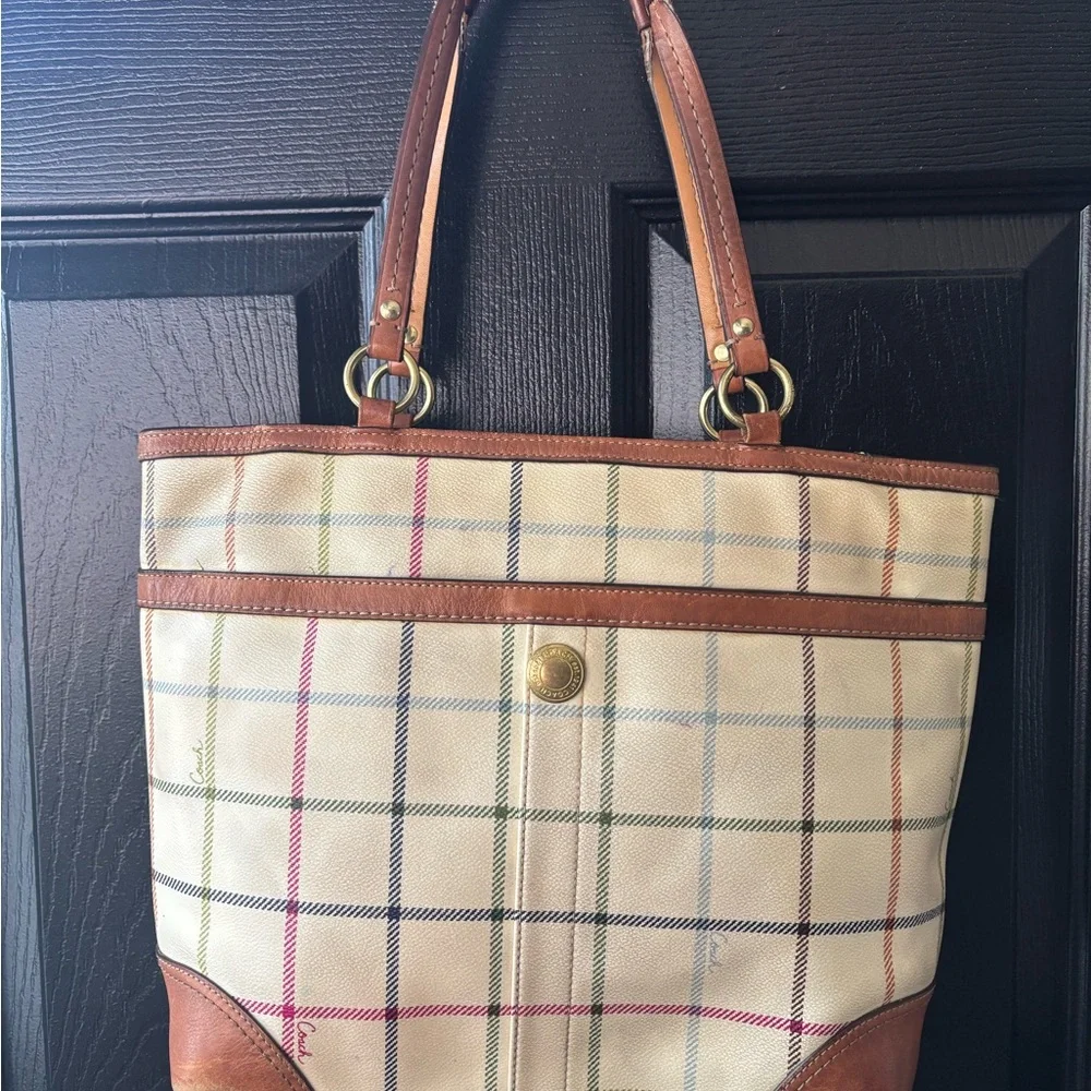 Coach Multicolor Plaid Tote with Blue Stripe - Picture 9 of 14